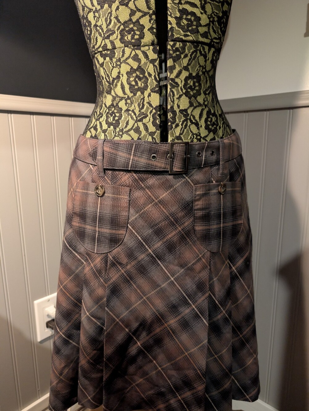 Dalia Collection Brown Plaid A-Line Midi Skirt with Belt